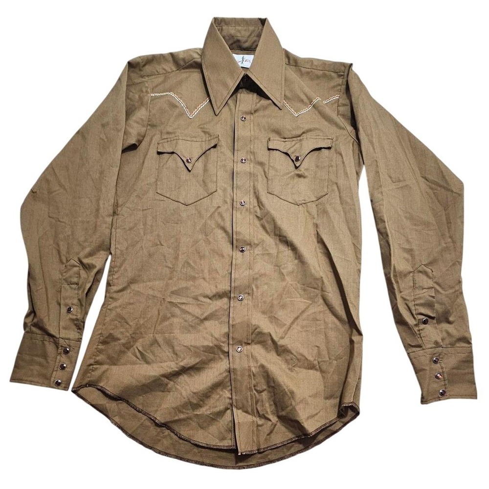 Vintage Tem Tex Mens Tan Brown Western Pearl Snap Shirt Embroidered Yoke 14.5 S*